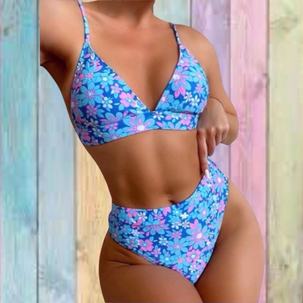 Blue Pink Boho Floral High Waist Lined Cheeky Bikini New - Picture 1 of 16